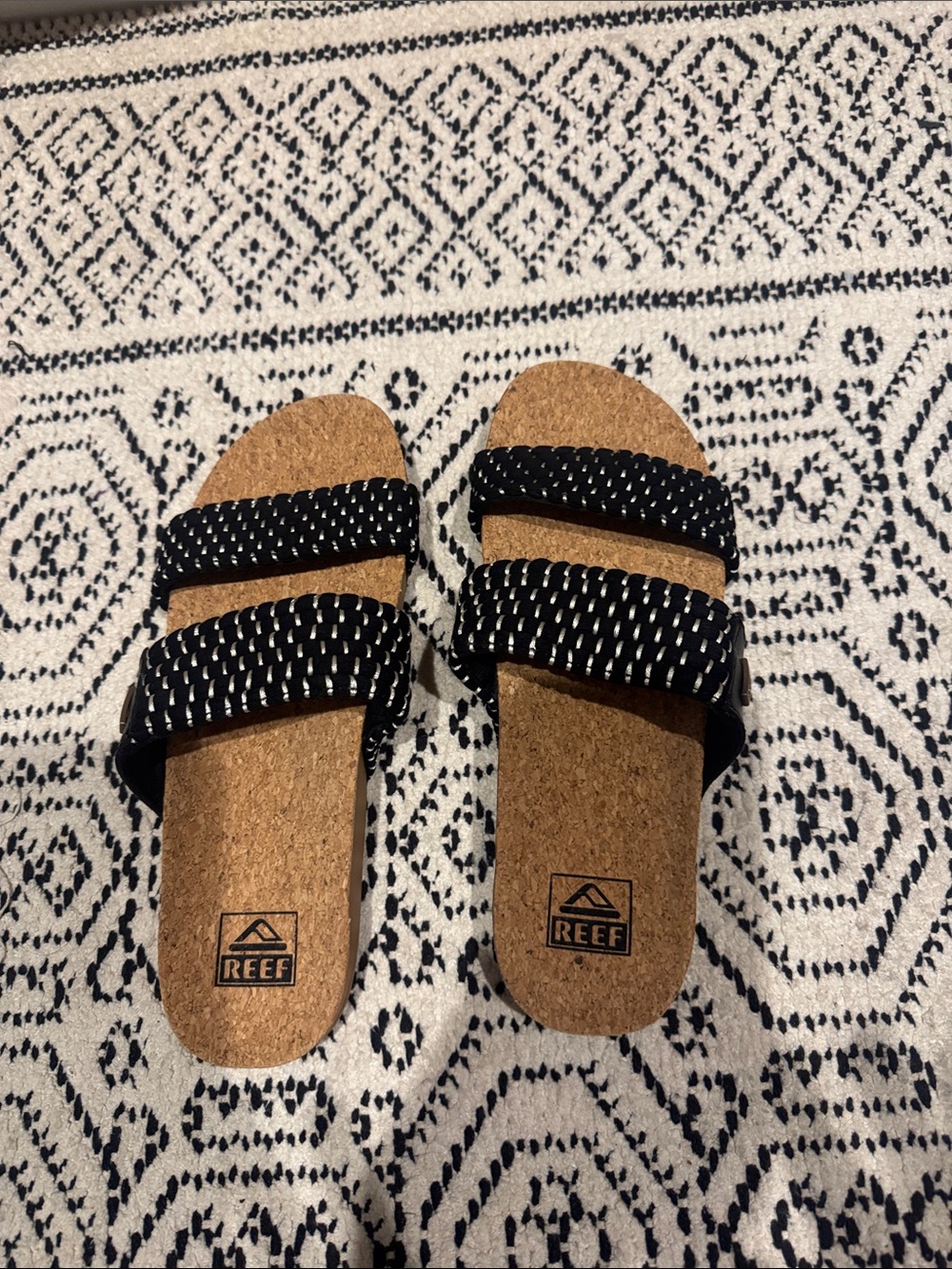 Reef Black Woven Double-Strap Cork Slides never warn
